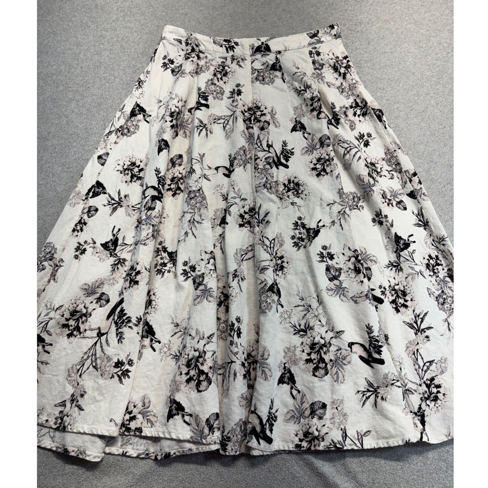 Who What Wear Women's Size 6 Black Cream Floral Linen Blend Pleated Midi Skirt - Picture 9 of 9